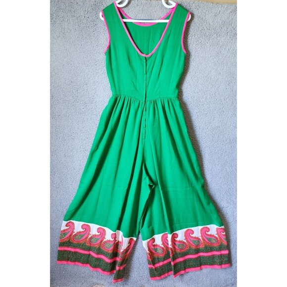 Vtg 60s 70s Alfred Shaheen Women's S/M Sleeveless Funky Wide Leg Jumpsuit Green - Picture 14 of 16